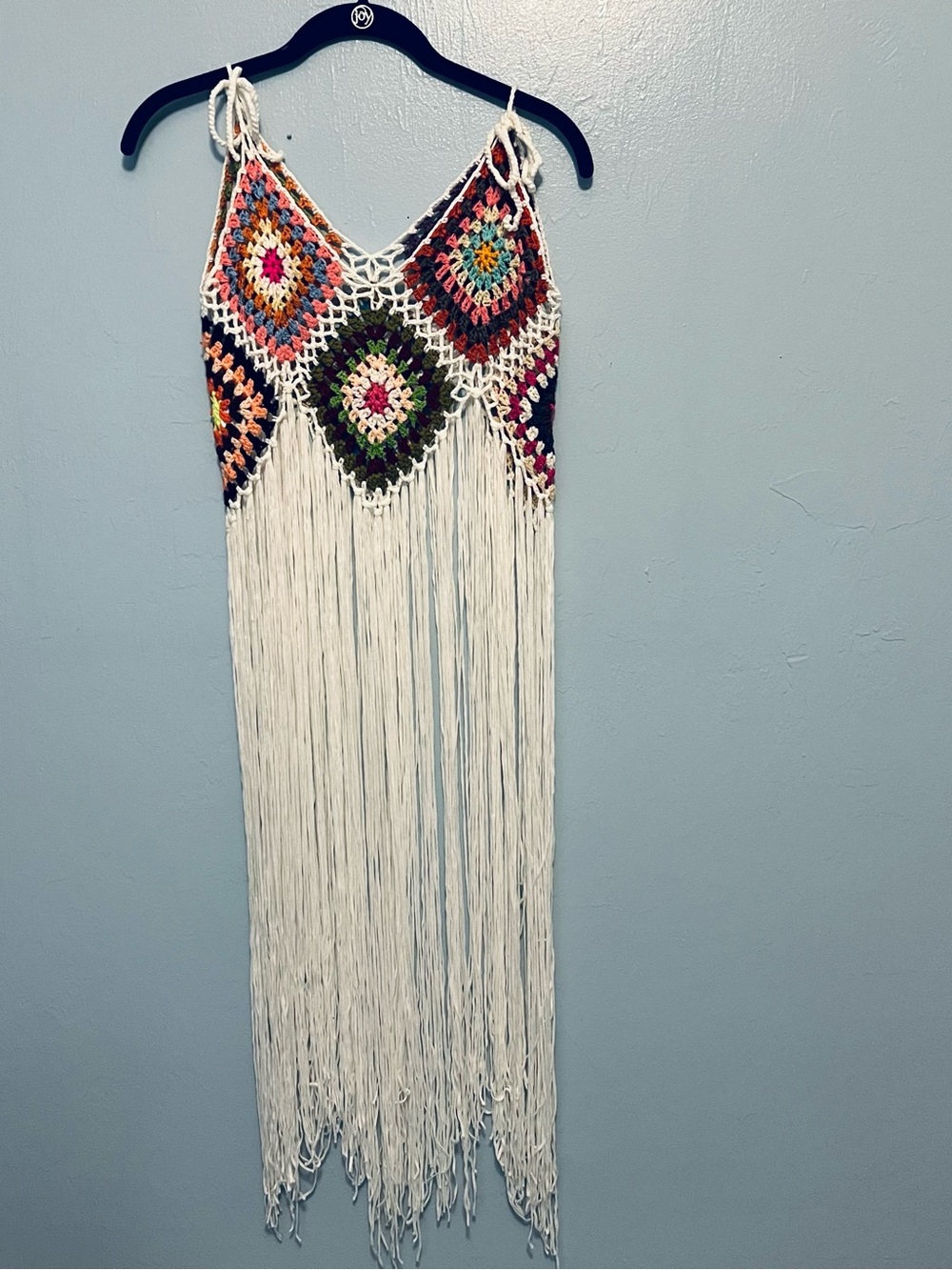 Crochet Fringe Maxi Beach Cover Up - Multicolor Crochet with White Fringe